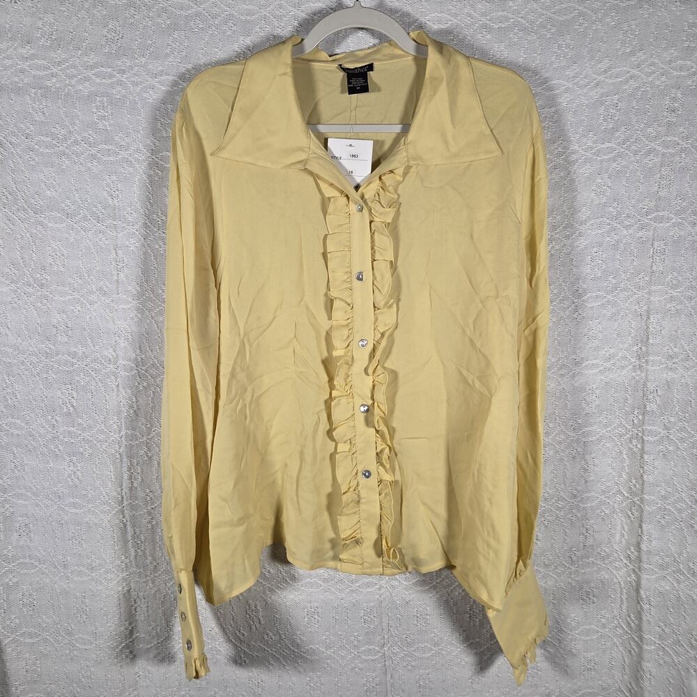 NWT Barrie Pace 100% Silk Blouse W 16 Yellow Ruffle Button Front Long Sleeve